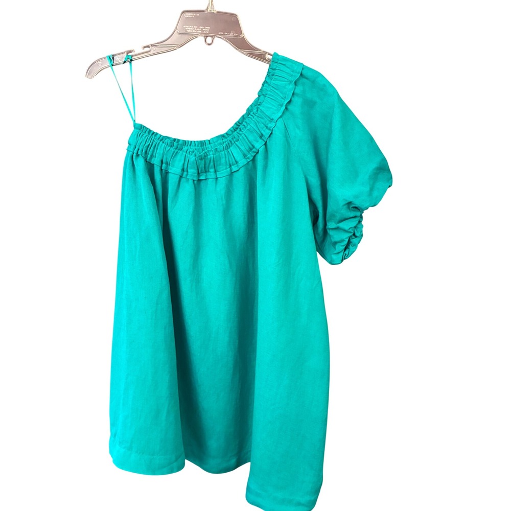 Anthropologie One Shoulder Blouse Women XS Petite Aqua Excellent Puff Sleeve